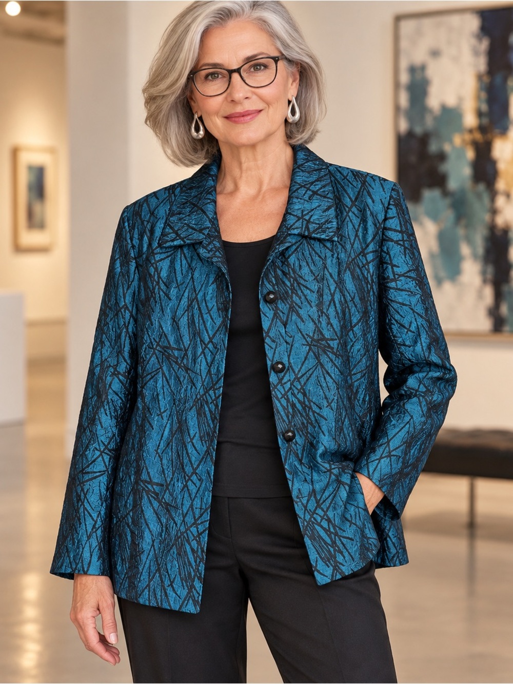 Coldwater Creek Jacket L Teal Black Artsy Crinkle Jacquard Evening Church Cruise